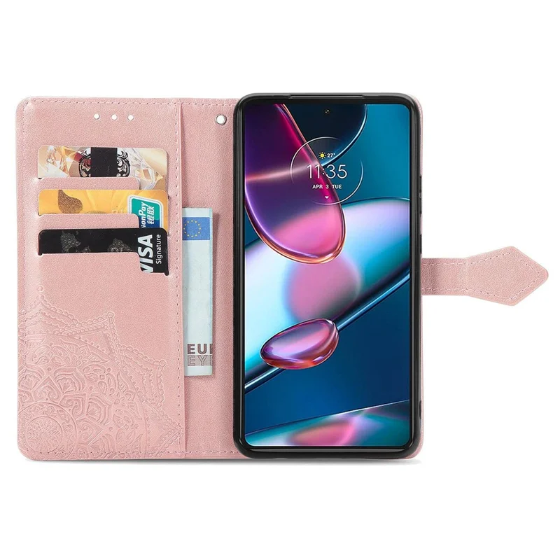 For Motorola Edge 30 Pro (Motorola Edge+ (2022)) Embossed Mandala Pattern Phone Leather Cover Wallet Stand Protective Case with Strap - Rose Gold