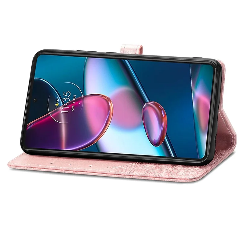 For Motorola Edge 30 Pro (Motorola Edge+ (2022)) Embossed Mandala Pattern Phone Leather Cover Wallet Stand Protective Case with Strap - Rose Gold