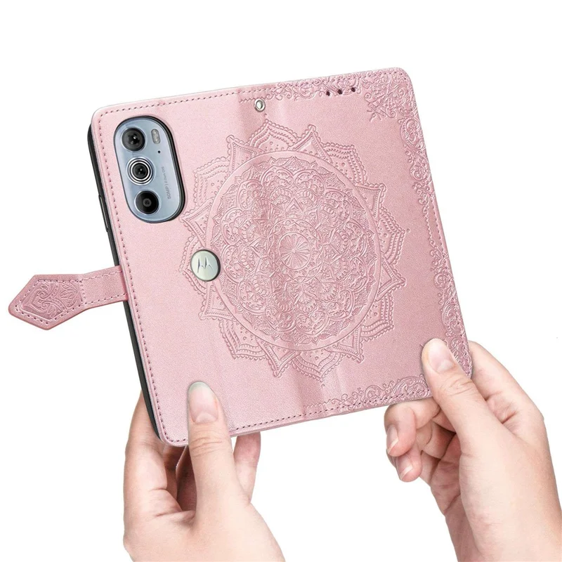 For Motorola Edge 30 Pro (Motorola Edge+ (2022)) Embossed Mandala Pattern Phone Leather Cover Wallet Stand Protective Case with Strap - Rose Gold