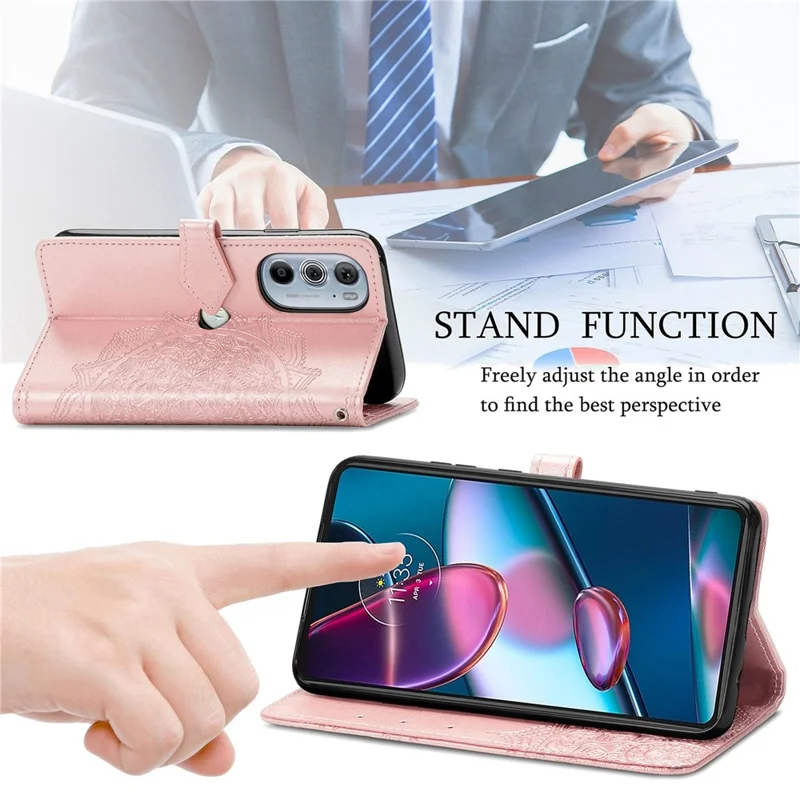 For Motorola Edge 30 Pro (Motorola Edge+ (2022)) Embossed Mandala Pattern Phone Leather Cover Wallet Stand Protective Case with Strap - Rose Gold