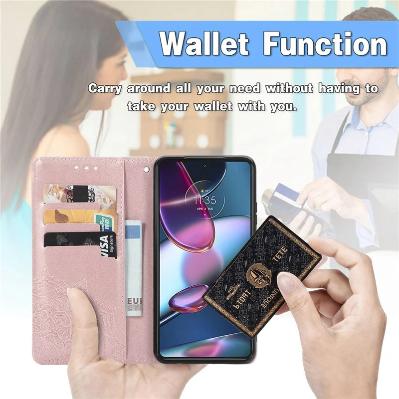 For Motorola Edge 30 Pro (Motorola Edge+ (2022)) Embossed Mandala Pattern Phone Leather Cover Wallet Stand Protective Case with Strap - Rose Gold