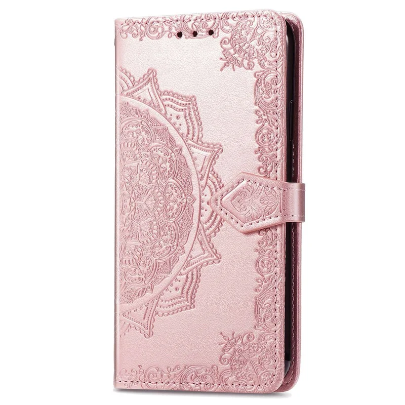 For Motorola Edge 30 Pro (Motorola Edge+ (2022)) Embossed Mandala Pattern Phone Leather Cover Wallet Stand Protective Case with Strap - Rose Gold