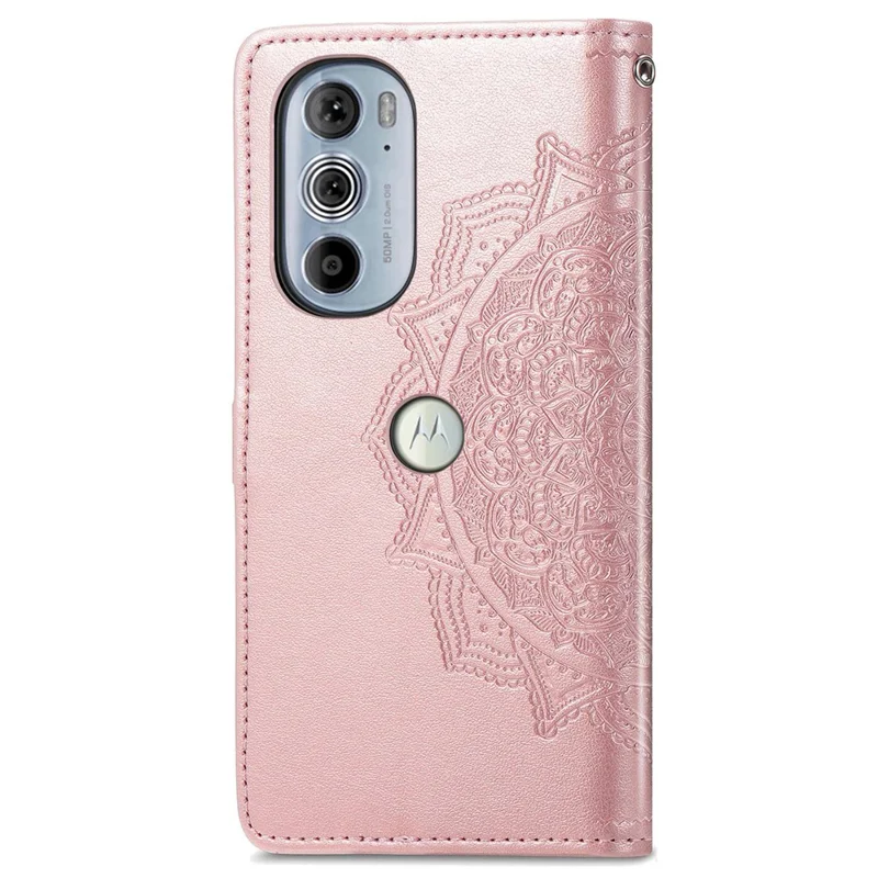For Motorola Edge 30 Pro (Motorola Edge+ (2022)) Embossed Mandala Pattern Phone Leather Cover Wallet Stand Protective Case with Strap - Rose Gold