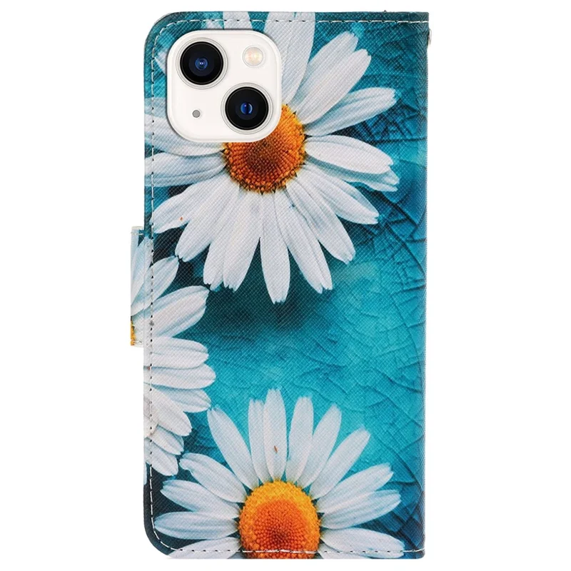 For iPhone 14 6.1 inch Cross Texture Pattern Printing Phone Cover Stand Wallet PU Leather Magnetic Clasp Case - Chrysanthemum