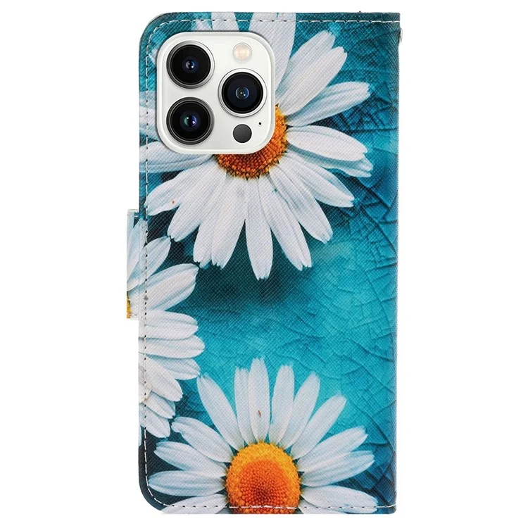 Pour Iphone 14 Pro Max 6,7 Pouces Case de Téléphone de la Texture Transversale Patriage PU en Cuir PU Couvercle de Portefeuille de Support de Choc - Chrysanthème