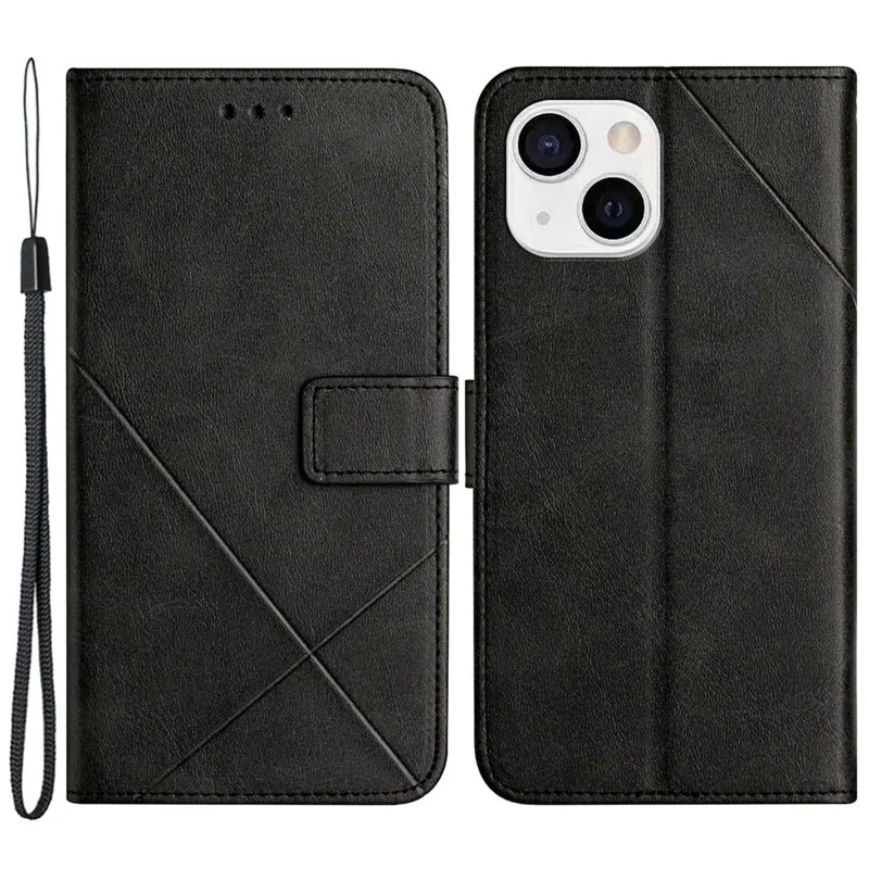 For iPhone 14 6.1 inch Solid Color Stand Wallet Anti-fall Case Line Imprinting PU Leather+TPU Phone Cover - Black