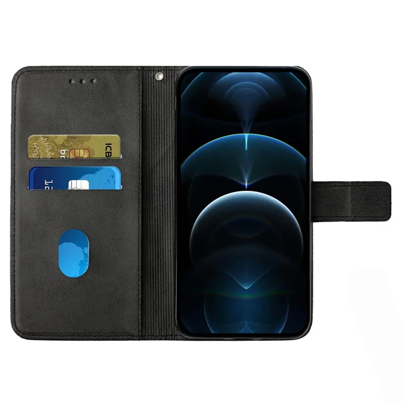 For iPhone 14 6.1 inch Solid Color Stand Wallet Anti-fall Case Line Imprinting PU Leather+TPU Phone Cover - Black