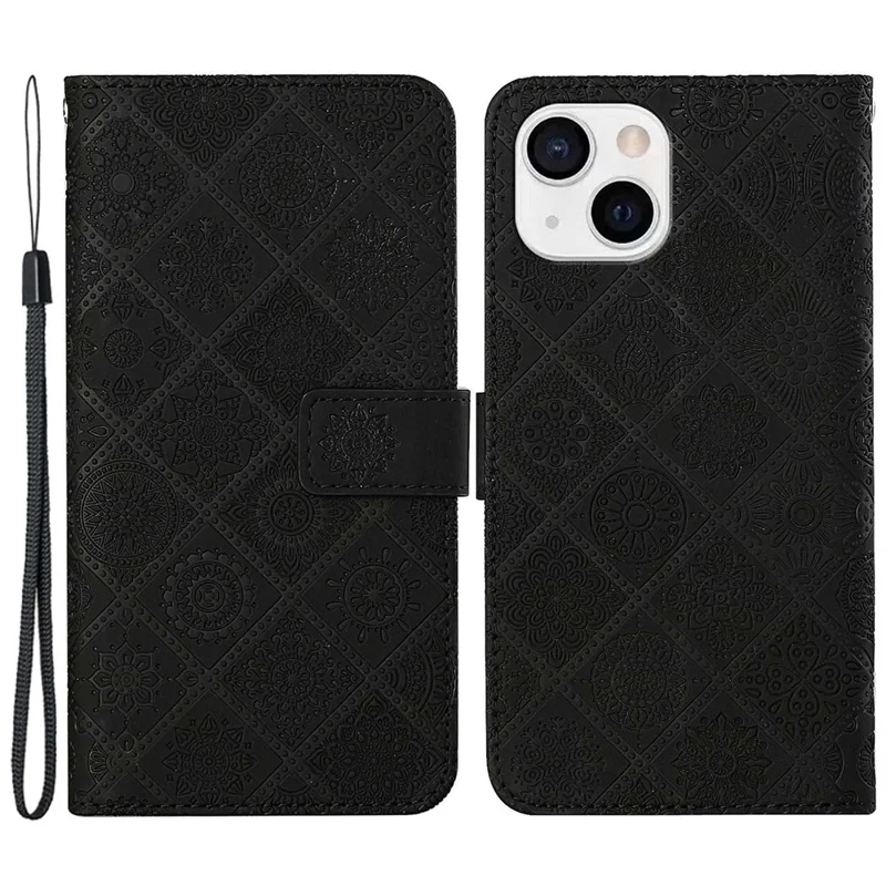 For iPhone 14 6.1 inch Ethnic Style Flower Imprinted Case Anti-scratch PU Leather Stand Wallet Feature Phone Shell - Black