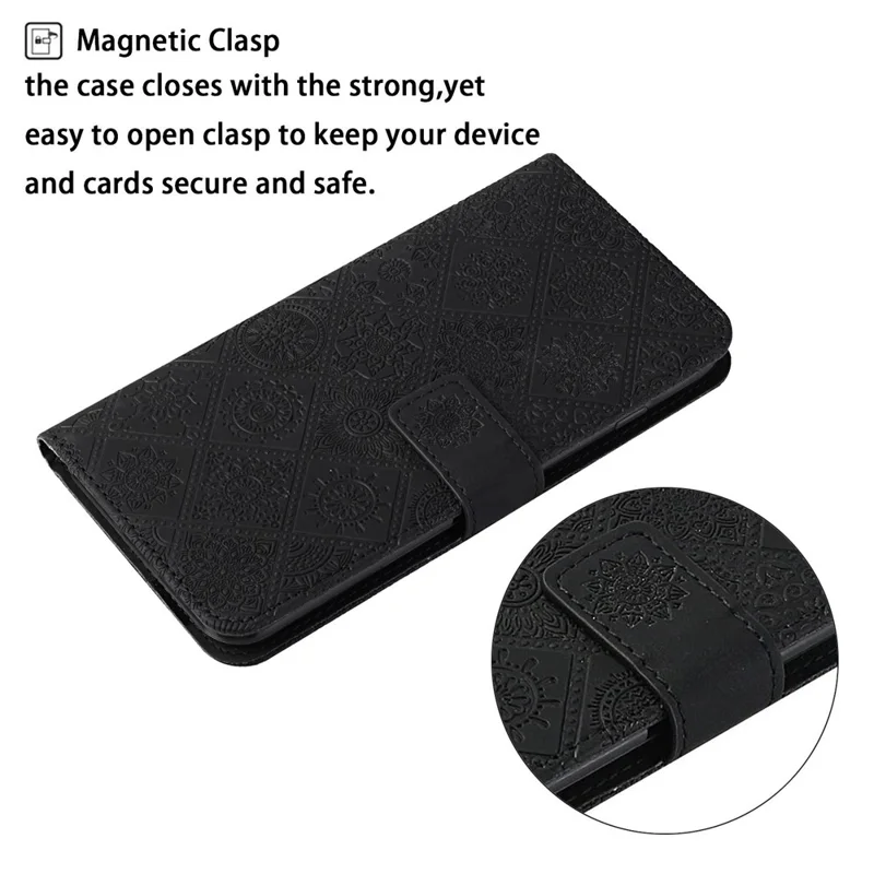 For iPhone 14 6.1 inch Ethnic Style Flower Imprinted Case Anti-scratch PU Leather Stand Wallet Feature Phone Shell - Black