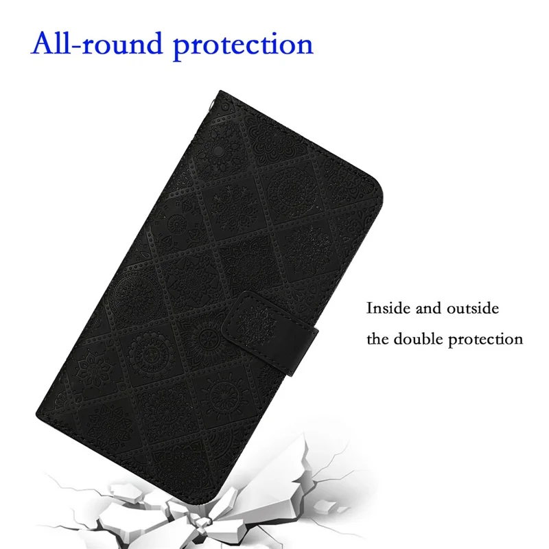 For iPhone 14 6.1 inch Ethnic Style Flower Imprinted Case Anti-scratch PU Leather Stand Wallet Feature Phone Shell - Black