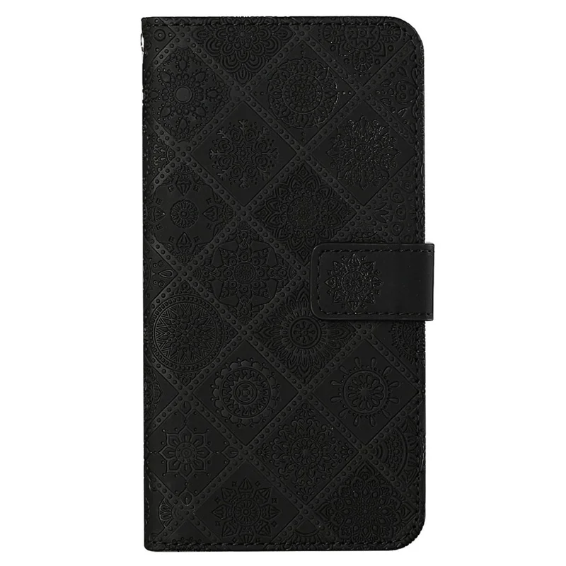 For iPhone 14 6.1 inch Ethnic Style Flower Imprinted Case Anti-scratch PU Leather Stand Wallet Feature Phone Shell - Black