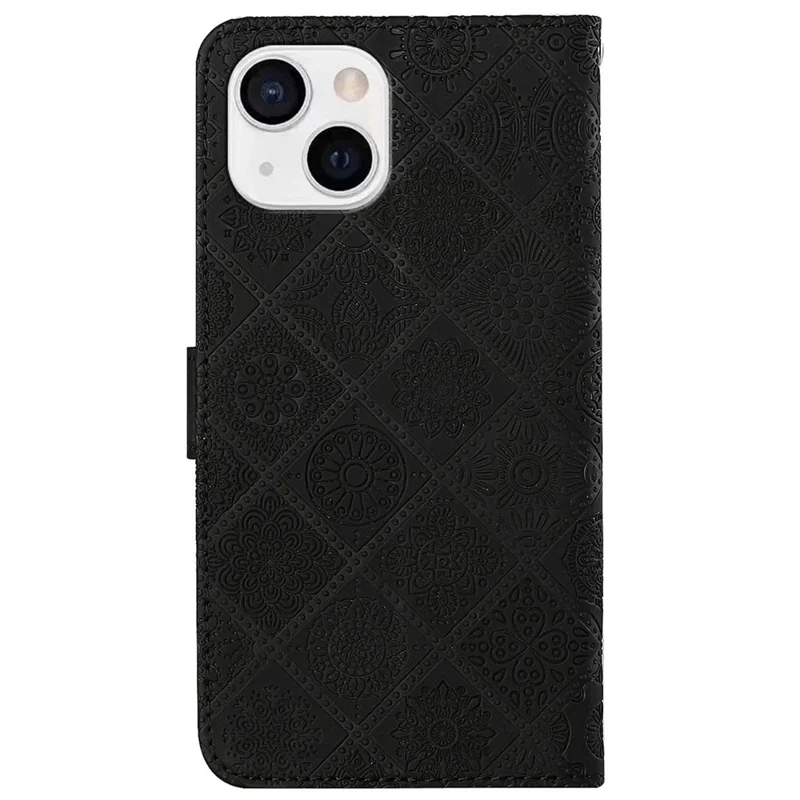 For iPhone 14 6.1 inch Ethnic Style Flower Imprinted Case Anti-scratch PU Leather Stand Wallet Feature Phone Shell - Black