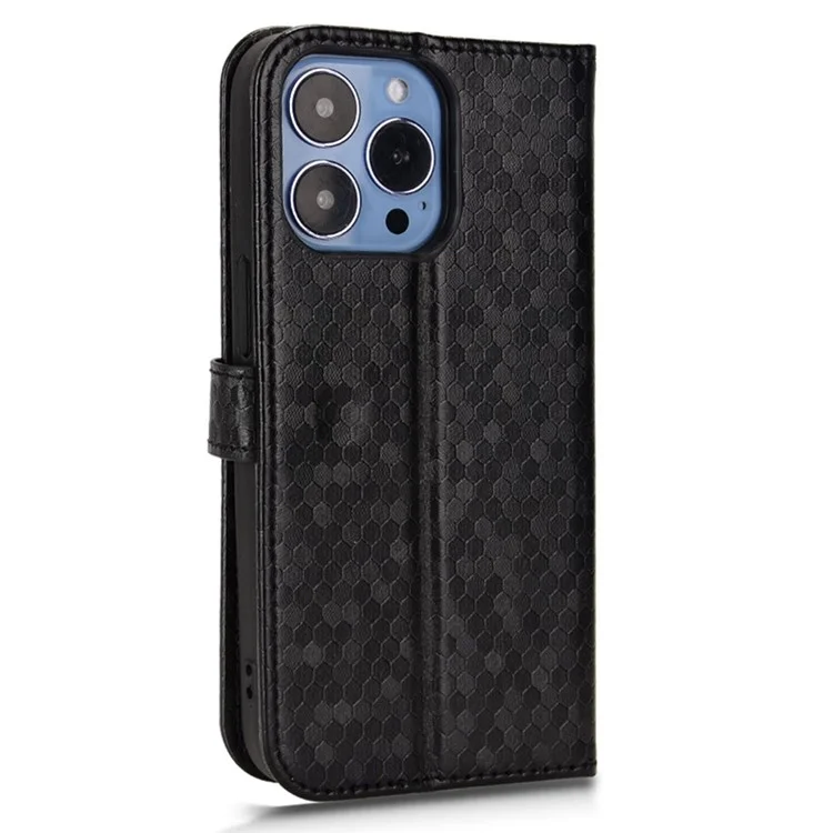 Para Iphone 14 Pro Max 6.7 Pulgadas Magnetic Clapp Patrón de Puntos Imprimido Tapa de la Portada de la Billetera de Cuero a Prueba de Choques - Negro