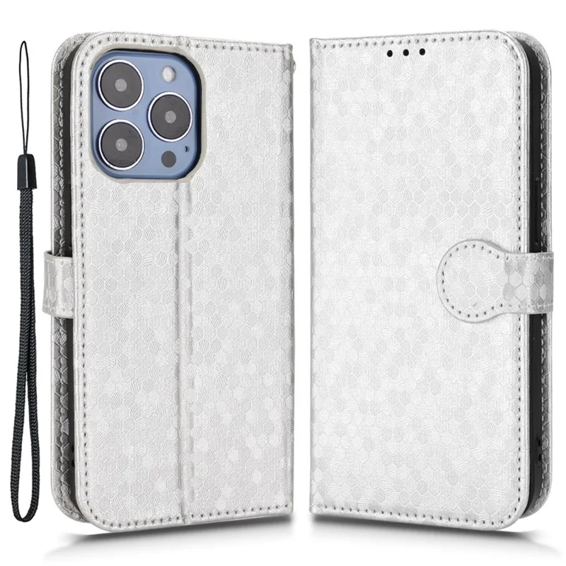 For iPhone 14 Pro Max 6.7 inch Magnetic Clasp Dot Pattern Imprinted Phone Cover Shockproof Leather Stand Wallet Case - Silver