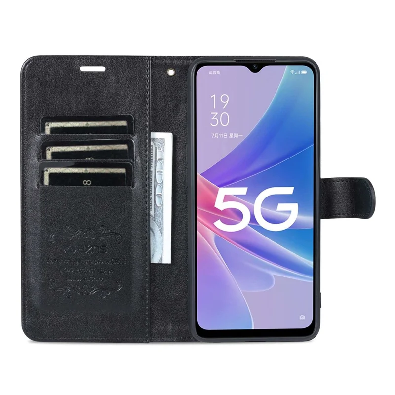 AZNS Anti-fall Flip Wallet Case for Oppo A97 5G, Full Protection PU Leather Phone Cover Shell with Adjustable Stand - Black