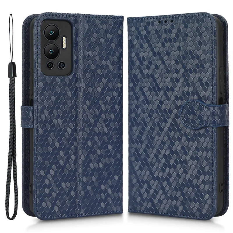 For Infinix Hot 12 4G Mobile Phone Wallet Case Dot Pattern Imprinted PU Leather Stand Phone Cover - Sapphire