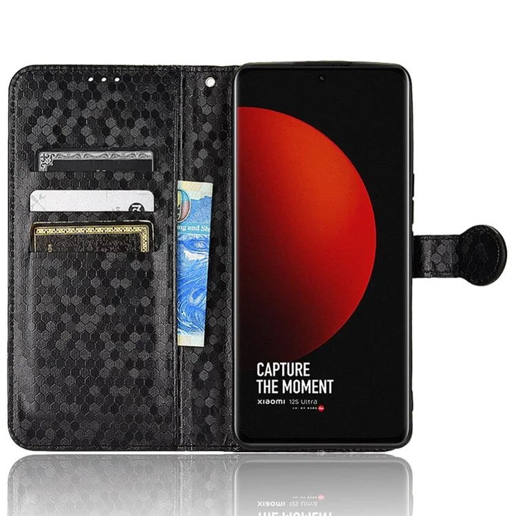 Dot Pattern Imprinted Phone Cover for Xiaomi 12S Ultra 5G, Drop Protection PU Leather Stand Wallet Case - Black