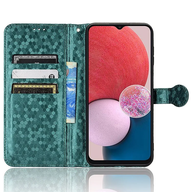 For Samsung Galaxy A13 4G Dot Pattern Imprinted Phone Cover Anti-scratch PU Leather Stand Wallet Phone Case - Green
