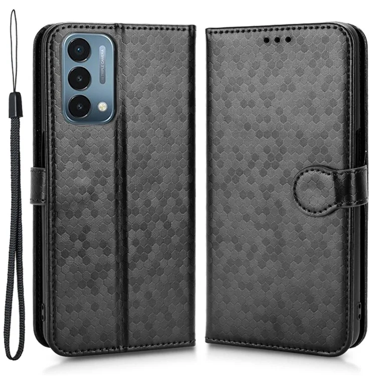 For OnePlus Nord N200 5G Folio Flip Wallet Case Dot Pattern Imprinted PU Leather Stand Well-protected Cover - Black