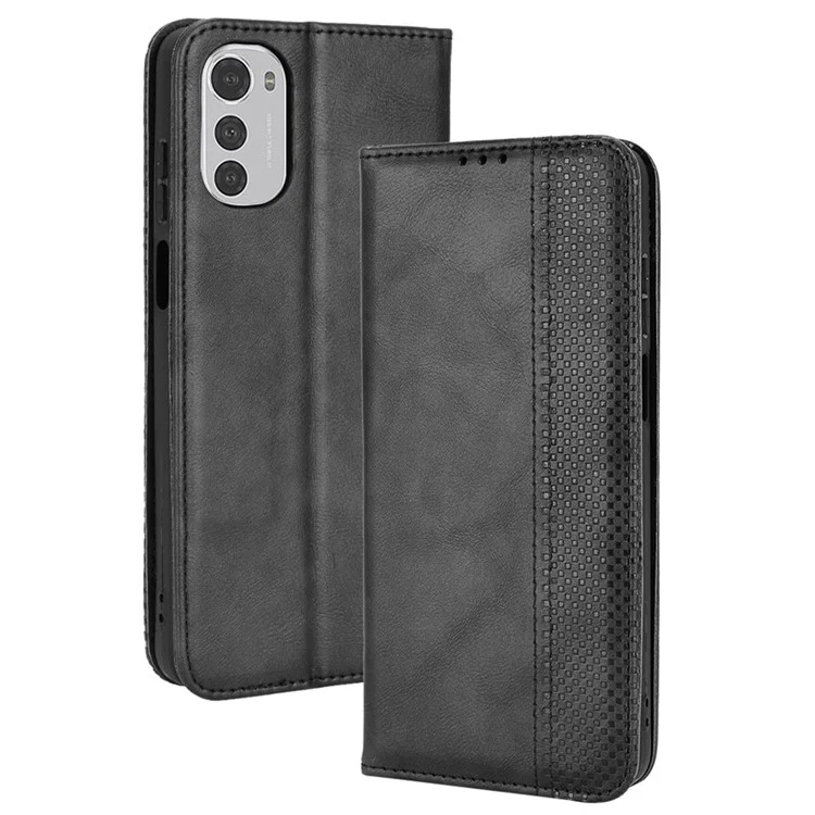 Pour Motorola Moto E32 4G Vintage PU le Cuir de Téléphone Boîte de Portefeuille Boîte de Couvercle Bien Protégée - le Noir