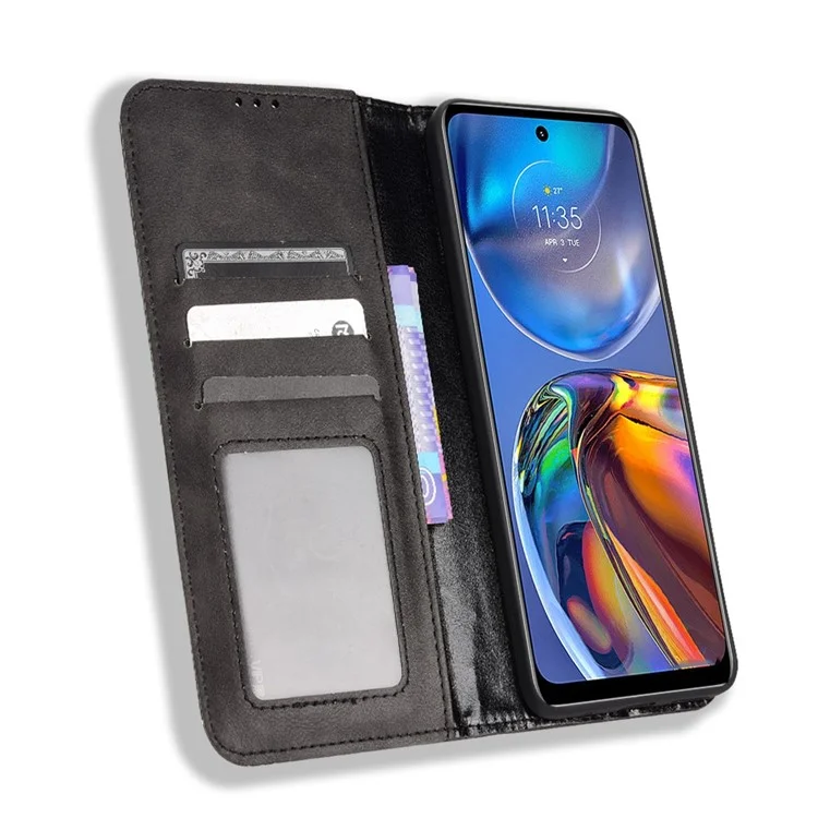 Für Motorola Moto E32 4G Vintage PU Leder Telefon Hülle Brieftasche Gut Geschützte Abdeckhülle - Schwarz