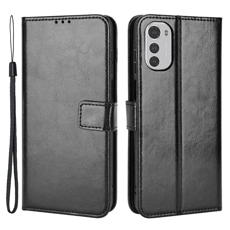 Étui de Téléphone Mobile Pour Motorola Moto E32 4G, Coque de Caractéristique de Support de Portefeuille de Texture de Cheval de Crazy Horse Résistant à L'usure - le Noir