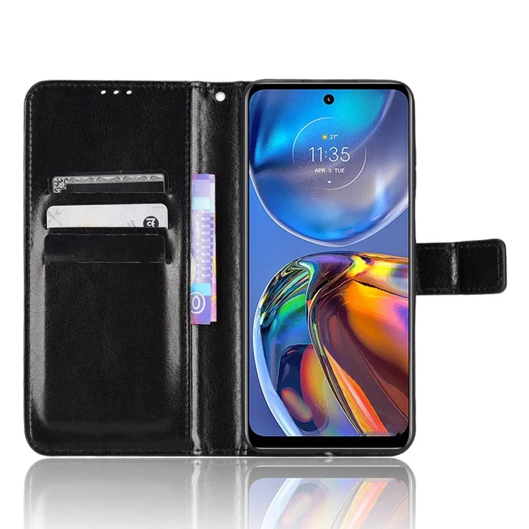 Étui de Téléphone Mobile Pour Motorola Moto E32 4G, Coque de Caractéristique de Support de Portefeuille de Texture de Cheval de Crazy Horse Résistant à L'usure - le Noir
