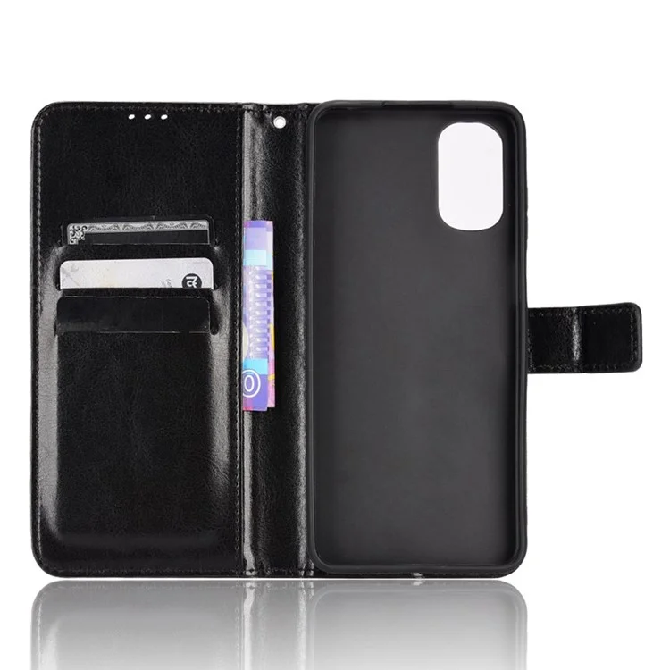 Étui de Téléphone Mobile Pour Motorola Moto E32 4G, Coque de Caractéristique de Support de Portefeuille de Texture de Cheval de Crazy Horse Résistant à L'usure - le Noir