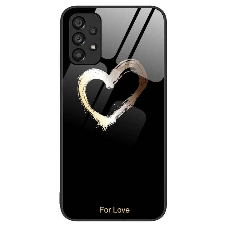 Para Samsung Galaxy A33 5G Patrón Impreso Vidrio Templado Cubierta Trasera Dura PC Suave Amortiguación de Golpes Funda Protectora - For Love / Negro