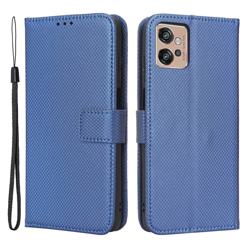 For Motorola Moto G32 4G Diamond Texture Phone Shockproof Shell Magnetic Clasp PU Leather Stand Wallet Case with Wrist Strap - Blue