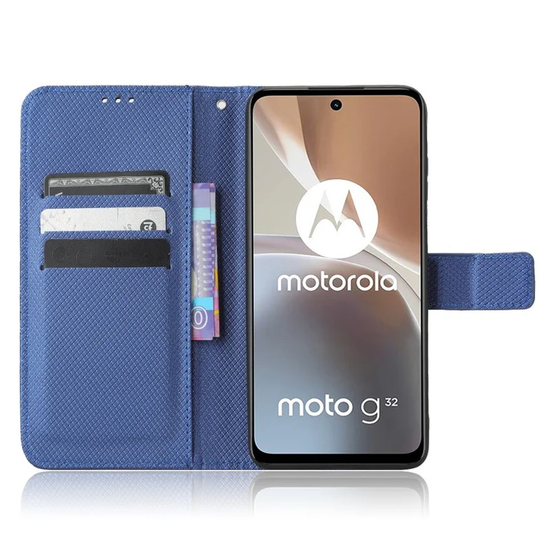 For Motorola Moto G32 4G Diamond Texture Phone Shockproof Shell Magnetic Clasp PU Leather Stand Wallet Case with Wrist Strap - Blue