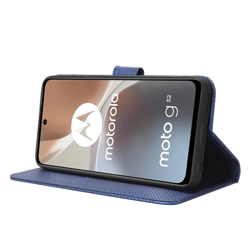 For Motorola Moto G32 4G Diamond Texture Phone Shockproof Shell Magnetic Clasp PU Leather Stand Wallet Case with Wrist Strap - Blue