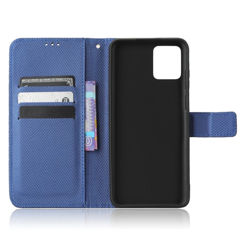 For Motorola Moto G32 4G Diamond Texture Phone Shockproof Shell Magnetic Clasp PU Leather Stand Wallet Case with Wrist Strap - Blue