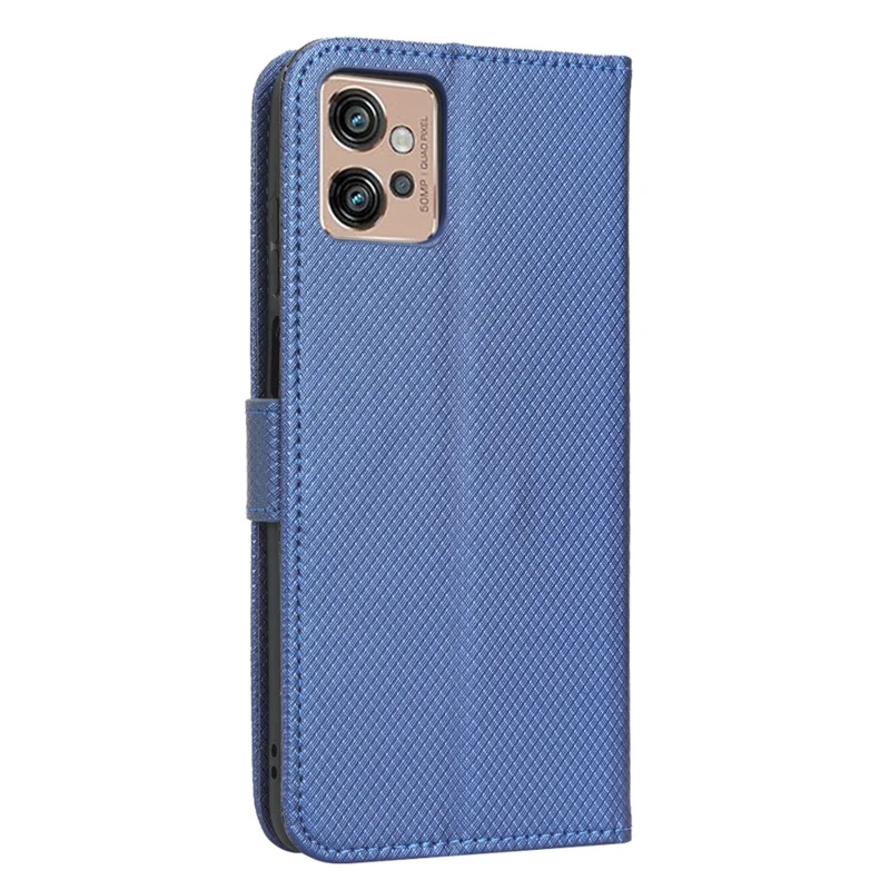 For Motorola Moto G32 4G Diamond Texture Phone Shockproof Shell Magnetic Clasp PU Leather Stand Wallet Case with Wrist Strap - Blue