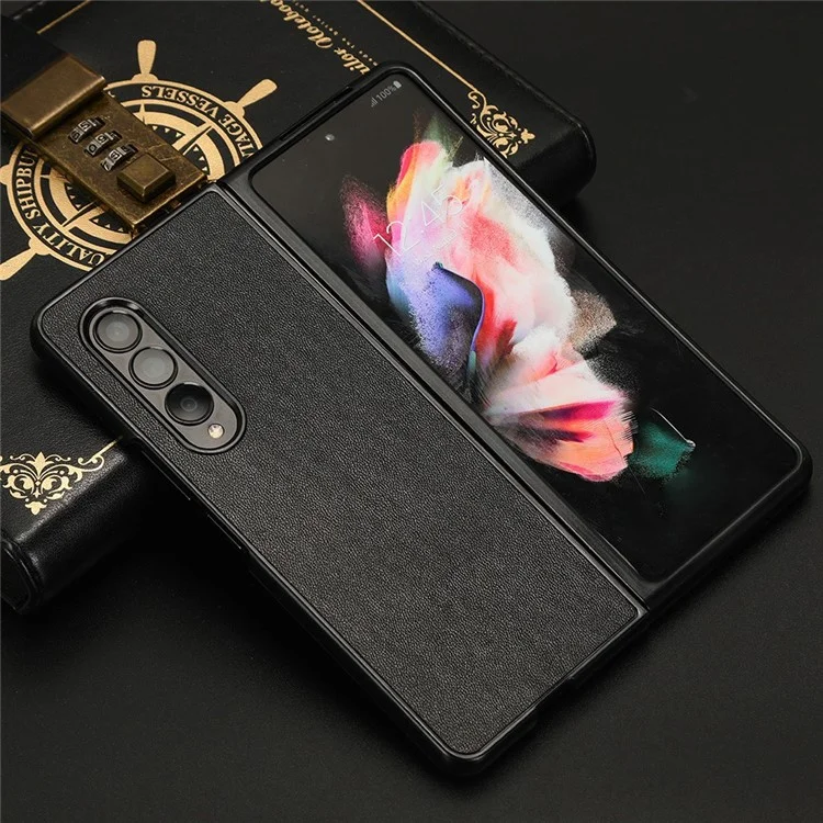 For Samsung Galaxy Z Fold3 5G Leather Coated PC Phone Case Scratch-resistant Protective Shell - Black