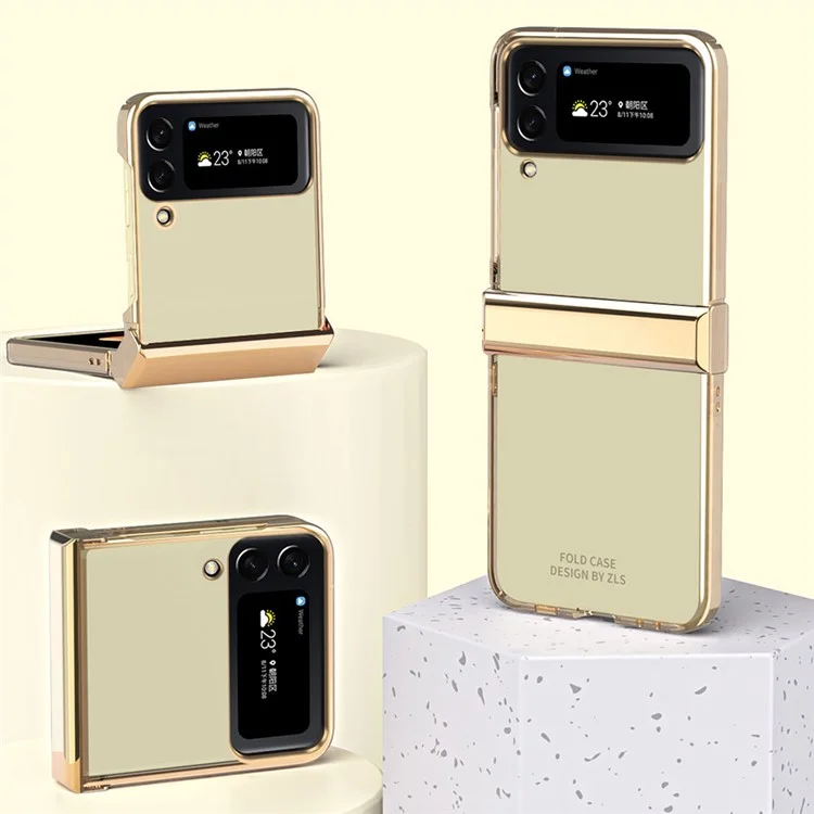 Para Samsung Galaxy Z Flip4 5G Electroplating Frame Transparent Hard PC Phone Case Folding Shell with Hinge - Gold