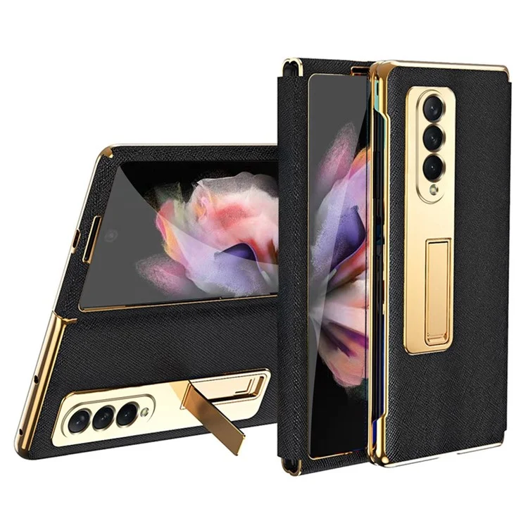 Pour Samsung Galaxy Z Fold4 5G Anti-scratch Phone Case Kickstand Cross Texture Electroplating Back Cover avec Protecteur d'écran en verre trempé - Noir
