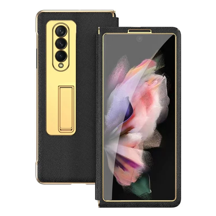 Pour Samsung Galaxy Z Fold4 5G Anti-scratch Phone Case Kickstand Cross Texture Electroplating Back Cover avec Protecteur d'écran en verre trempé - Noir
