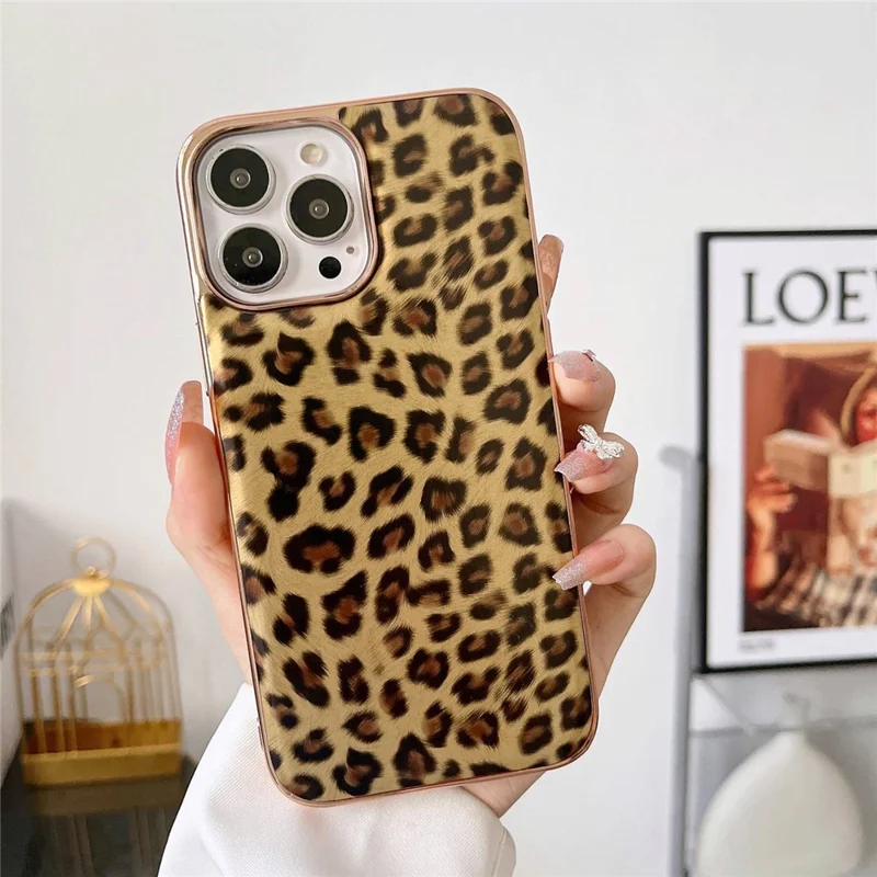 For iPhone 14 Pro 6.1 inch Leather Coated TPU Case Electroplating Leopard Pattern Anti-drop Protection Phone Cover - Gold