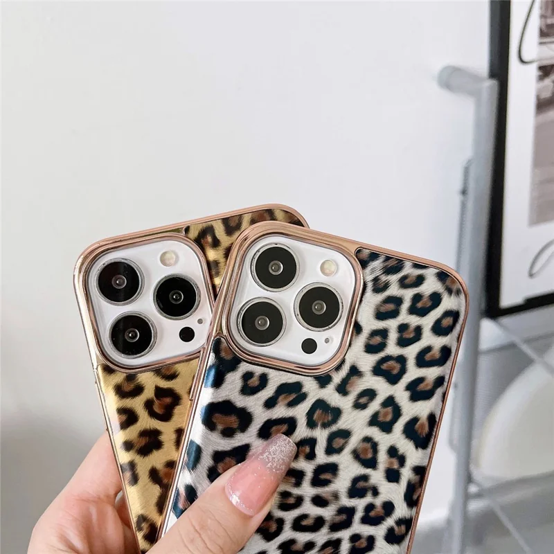 For iPhone 14 Pro 6.1 inch Leather Coated TPU Case Electroplating Leopard Pattern Anti-drop Protection Phone Cover - Gold