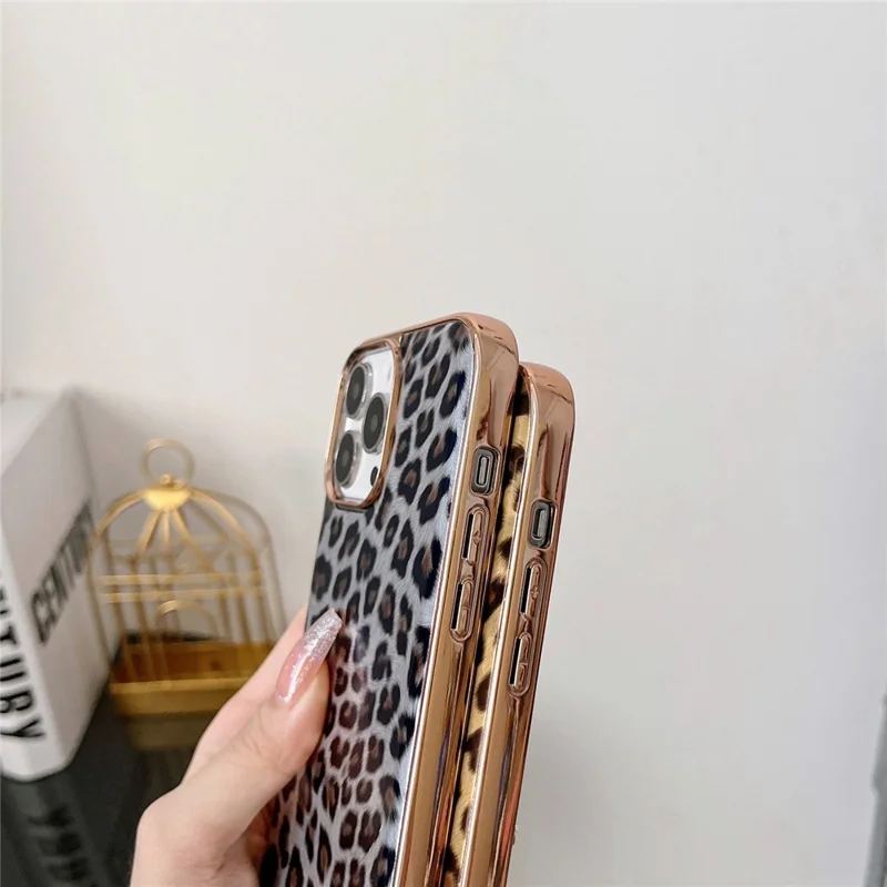 For iPhone 14 Pro 6.1 inch Leather Coated TPU Case Electroplating Leopard Pattern Anti-drop Protection Phone Cover - Gold