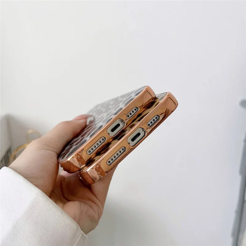 For iPhone 14 Pro 6.1 inch Leather Coated TPU Case Electroplating Leopard Pattern Anti-drop Protection Phone Cover - Gold