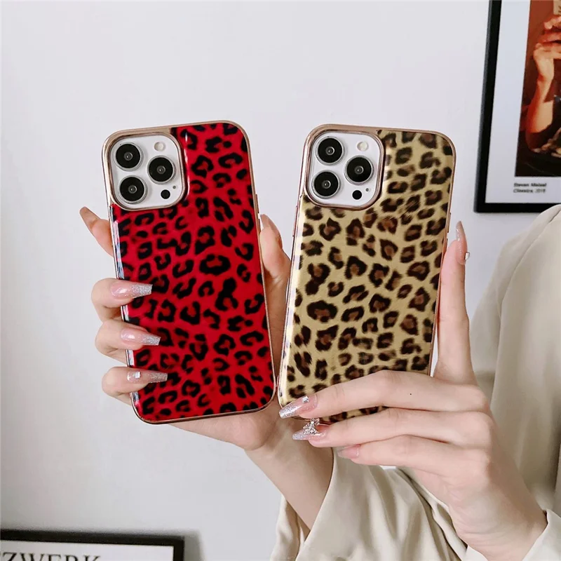 For iPhone 14 Pro 6.1 inch Leather Coated TPU Case Electroplating Leopard Pattern Anti-drop Protection Phone Cover - Gold