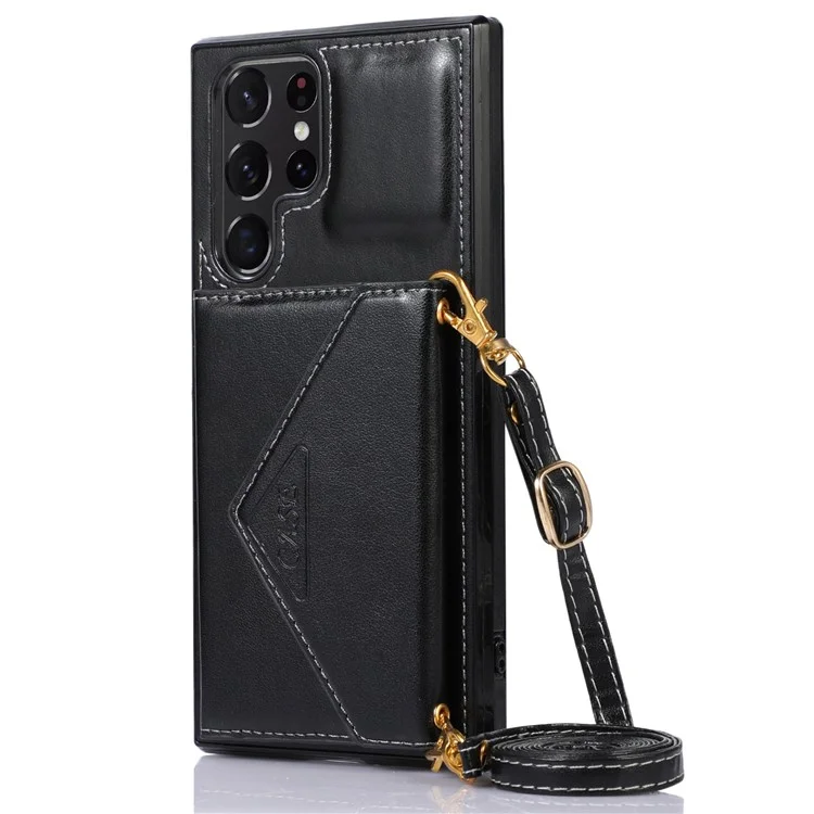 Per Samsung Galaxy S22 Ultra 5G PU in Pelle TPU Rivestita TPU Telefono Copertina di Card di Cavalletto Resistente ai Graffi Con Spalla - Nero