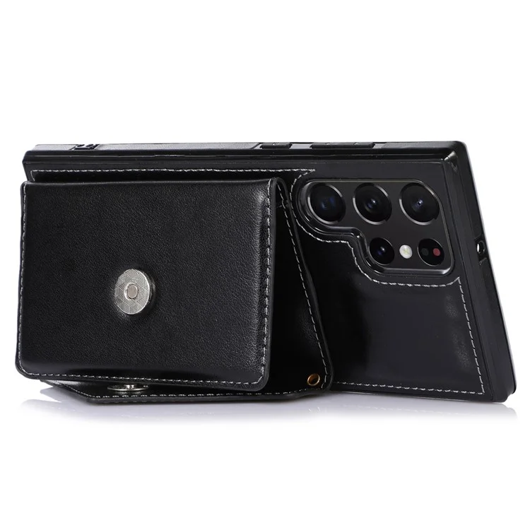 Per Samsung Galaxy S22 Ultra 5G PU in Pelle TPU Rivestita TPU Telefono Copertina di Card di Cavalletto Resistente ai Graffi Con Spalla - Nero