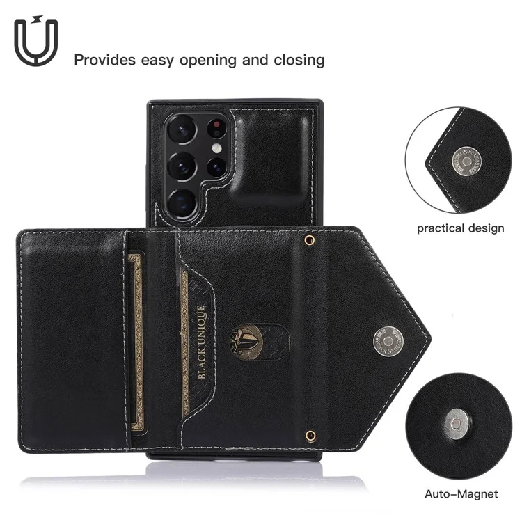 Per Samsung Galaxy S22 Ultra 5G PU in Pelle TPU Rivestita TPU Telefono Copertina di Card di Cavalletto Resistente ai Graffi Con Spalla - Nero