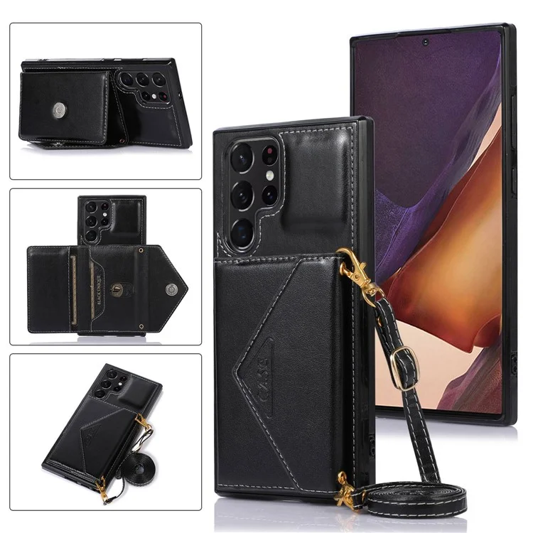 Per Samsung Galaxy S22 Ultra 5G PU in Pelle TPU Rivestita TPU Telefono Copertina di Card di Cavalletto Resistente ai Graffi Con Spalla - Nero