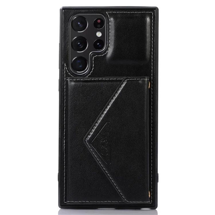 Per Samsung Galaxy S22 Ultra 5G PU in Pelle TPU Rivestita TPU Telefono Copertina di Card di Cavalletto Resistente ai Graffi Con Spalla - Nero