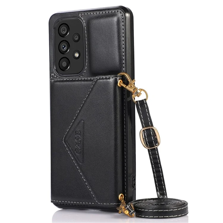 For Samsung Galaxy A53 5G Card Holder Kickstand Phone Case Leather Coated TPU Back Cover with Shoulder Strap - Black