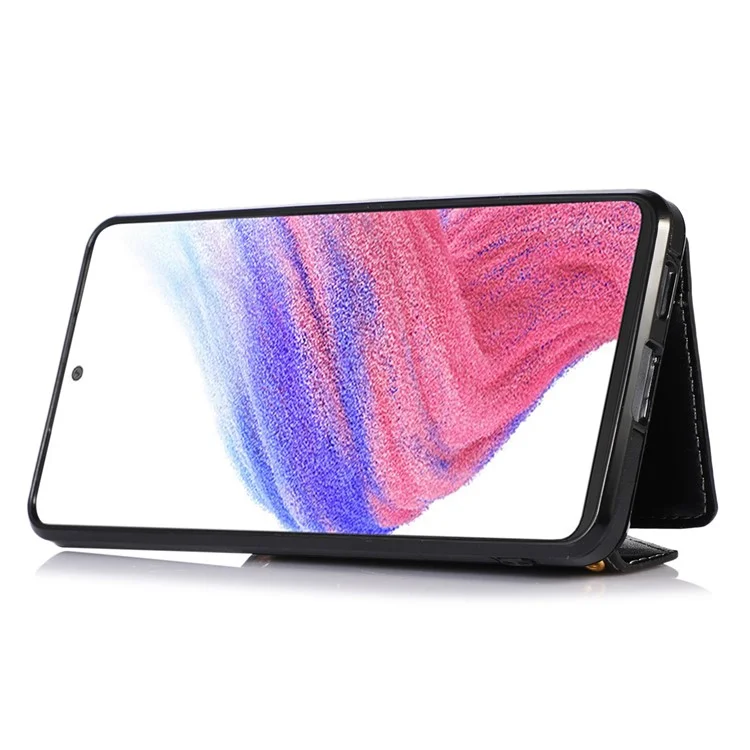 For Samsung Galaxy A53 5G Card Holder Kickstand Phone Case Leather Coated TPU Back Cover with Shoulder Strap - Black